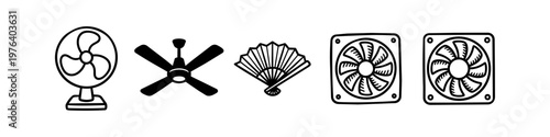 Collection of black and white fan icons including table fan, ceiling fan, handheld folding fan, and computer cooling fans. Minimalist line art and silhouettes on white background.