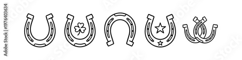 Set of horseshoe icons in minimalist black line art, featuring luck symbols like a shamrock and stars. Ideal for Western, equestrian, or Saint Patrick's Day designs.