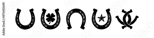 Set of black horseshoe icons representing luck and protection, featuring variations with a four-leaf clover and a star, isolated on a white background.