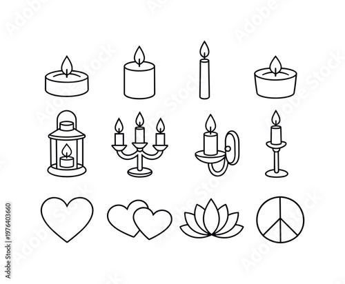 Line style vector icons of romantic candle symbols: tealight, pillar, taper, votive; lantern, candelabra, sconce, stand; love,