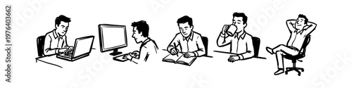 Hand-drawn illustration showing a man's daily work routine sequence: typing on computers, writing, drinking coffee, and taking a break. Minimalist black and white line art style.