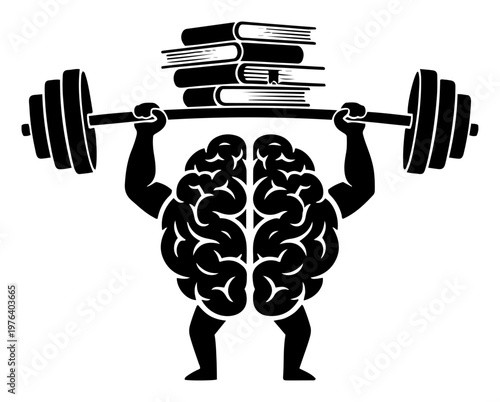 Human brain lifting heavy barbell with books representing mental strength and education in black and white vector style