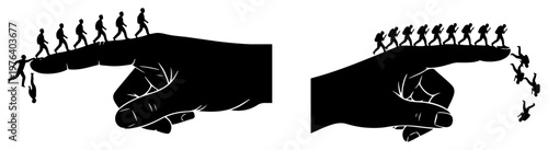 Tiny people walking along a giant pointing finger with some falling off the edge in black and white vector style