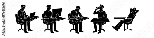 Black and white silhouette illustration showing a man's daily work routine sequence, from using a laptop and desktop to writing, taking a coffee break, and relaxing at a desk.