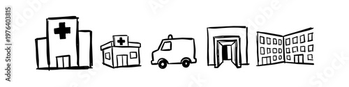 Set of hand-drawn medical building doodles featuring a hospital, clinic, ambulance, and emergency entrance. Minimalist black ink sketches isolated on a white background for healthcare concepts.