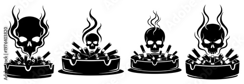 Smoking addiction represented by skull smoke rising from ashtrays silhouette vector
