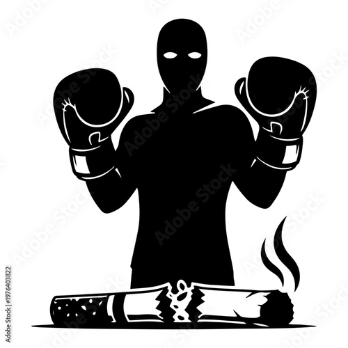 Boxer in mask breaking giant cigarette to represent quitting smoking silhouette vector