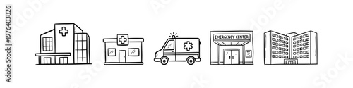 Hand-drawn medical facility icons including hospitals, a clinic, an emergency center facade, and an ambulance. Black and white doodle style set for healthcare and emergency service themes.