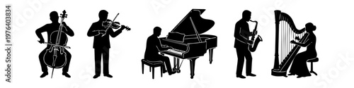 Collection of black silhouettes of professional musicians playing cello, violin, grand piano, saxophone, and harp, perfect for musical performance and concert themes.