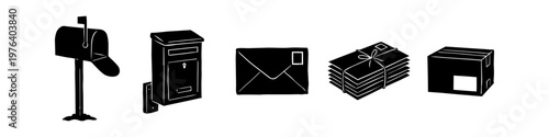 Set of black silhouette icons for postal and delivery services, featuring mailboxes, envelopes, stacked letters, and a shipping parcel. Minimalist design on a white background.