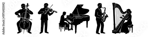 Set of black and white silhouettes of classical and jazz musicians playing cello, violin, grand piano, saxophone, and harp. Minimalist vector art for music-themed designs.