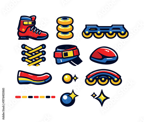 Two-Color vector icons of inline gear: skate boot, wheel stack, frame rail, lace path, ankle wrap, toe guard, curved sole, tiny