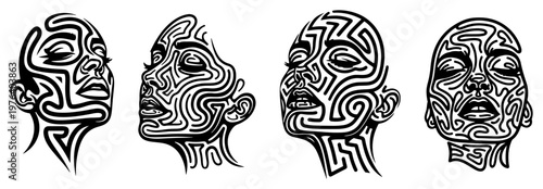 Woman face profiles composed of maze lines representing mental complexity silhouette vector