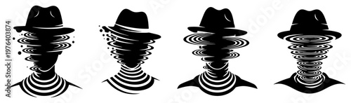 Mysterious man in hat with face swirling into circles representing anonymity silhouette vector