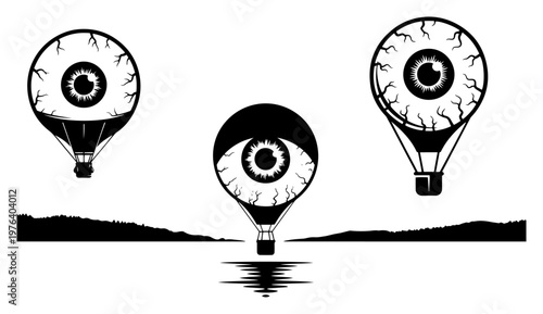 Hot air balloons shaped like bloodshot eyeballs floating over water in minimalist vector style