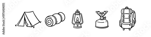Set of camping and hiking equipment icons in a hand-drawn minimalist line art style. Includes tent, mat, lantern, stove, and backpack. Great for outdoor adventure and travel themes.