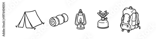 Set of hand-drawn camping and hiking gear icons including a tent, sleeping mat, lantern, stove, and backpack. Minimalist black and white line art doodles for outdoor adventure themes.
