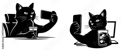 Cat taking selfies with smartphone while drinking coffee and iced beverage in minimalist vector style
