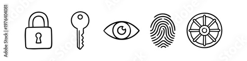 A clean set of minimalist security and authentication line icons featuring a padlock, key, eye, fingerprint, and vault dial, representing data protection and access control.