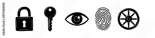 Set of hand-drawn security icons including a padlock, key, eye, fingerprint, and vault wheel handle. Black silhouettes on a white background representing protection and privacy concepts.