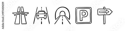 A set of hand-drawn road trip icons featuring a highway, car, tunnel, parking sign, and directional arrow. Minimalist doodle style for travel and transportation themes.