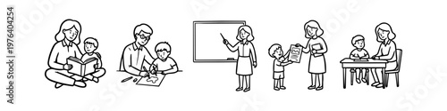 Collection of educational line art illustrations showing teachers and parents helping a child with reading, drawing, and schoolwork. Simple black and white doodle style for learning concepts.