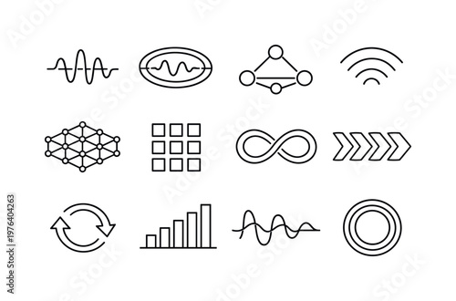 Line style vector icons of cloud computing application services: wave bar, resonance band, feedback node, signal arc, modulation