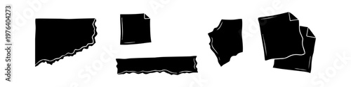 Set of hand-drawn black paper scraps, torn edges, sticky notes, and tape silhouettes. Vector graphic elements for collage, scrapbooking, and digital planning on a white background.