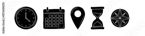 A collection of five hand-drawn black silhouette icons including a clock, calendar, location pin, hourglass, and compass, representing time, planning, travel, and navigation concepts.