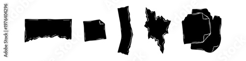 Hand-drawn set of black torn paper scraps and sticky notes. Grungy vector elements for collage, scrapbooking, and creative design. Isolated on white background.