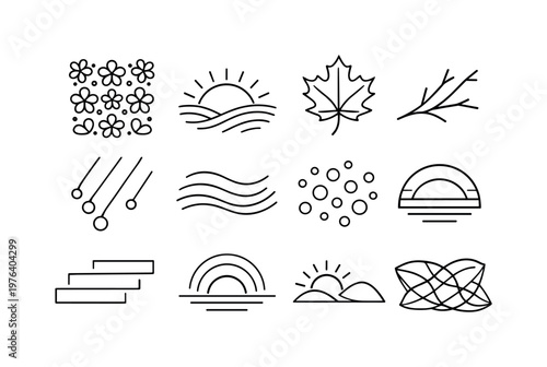 Line style vector icons of seasonal moods: spring bloom tile, summer sun arc, autumn leaf line, winter branch contour, rain