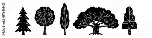 Set of five diverse black tree silhouettes including pine, oak, and geometric styles on a white background. Ideal for environmental concepts, landscape design, and nature-themed illustrations.