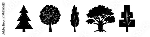 A set of five diverse tree silhouettes, featuring different species like pine and oak, presented as black flat icons on a white background for minimalist design projects.