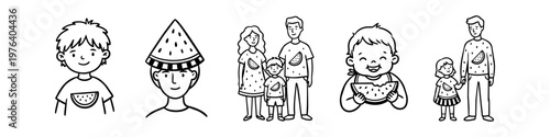 Minimalist black and white line art collection featuring families and children in playful watermelon-themed clothing, eating fruit slices, and wearing a watermelon hat. Summer family fun doodle.