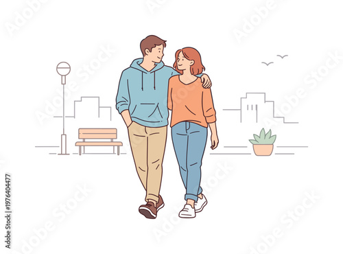 Leisurely City Stroll. Partners taking leisurely city walk during everyday routine, easy pace and casual body language suggesting