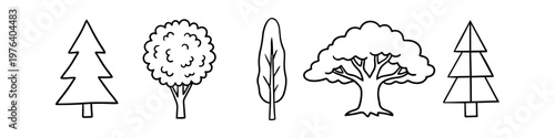Minimalist collection of hand-drawn tree icons in black line art. Set features different species including pine, oak, and cypress for nature, environment, and landscape design themes.