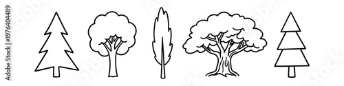 A set of five minimalist black line art tree icons on a white background, representing species such as oak, fir, and cypress. Perfect for nature-themed graphics, coloring, or UI design elements.