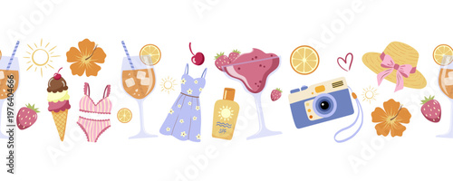 Seamless summer lifestyle border with drinks swimsuit camera and beach accessories