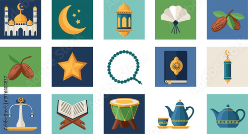 A collection of colorful Ramadan icons on transparent background