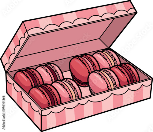 A pink and white checkered box of assorted macarons on transparent background