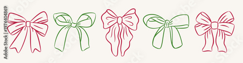 Vintage style romantic Christmas colored bow set. Elegant knotted red and green textile ribbon decorations. Aesthetic hand drawn accessories designs. EPS 10 vector illustration.