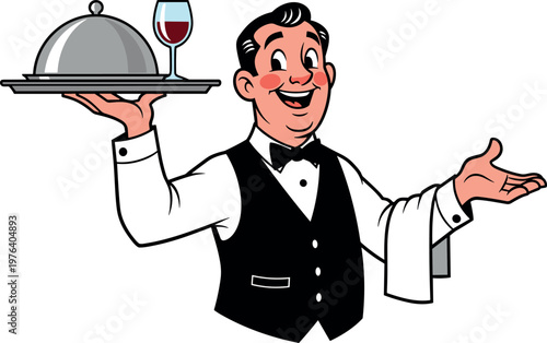 A cartoon waiter holding a tray with a covered dish and wine glass on transparent background
