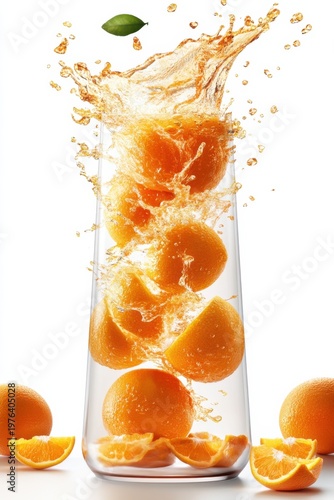 fresh orange juice splash with whole and sliced oranges, isolated on white background