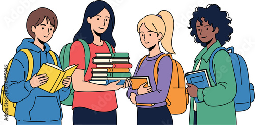 A diverse group of students standing together with books on transparent background