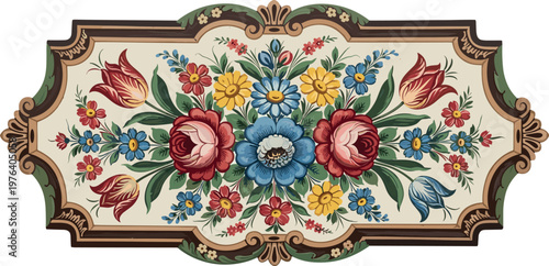 A colorful floral design on transparent background with ornate border