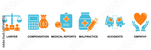 Personal injury law icon set Aqua Orange Flat concept for lawyer, compensation, medical reports, malpractice, accidents and empathy