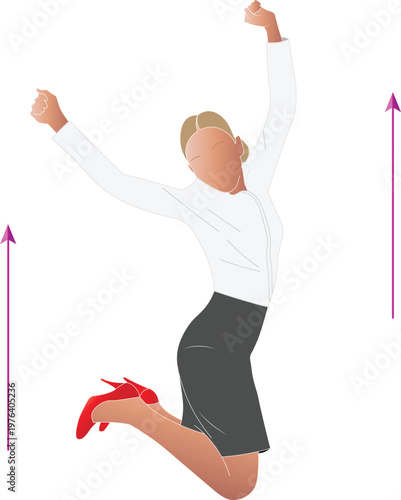 Illustration of a business lady jumping for joy with her fists in the air.