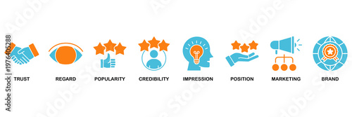 Reputation management icon set Aqua Orange Flat concept for trust, regard, popularity, credibility, impression, position, marketing and brand