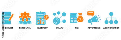 Cost reduction icon set Aqua Orange Flat concept for checklist, personnel, inventory, salary, tax, advertising and administration