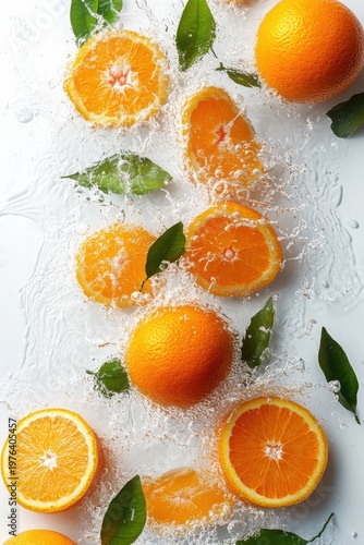 fresh orange juice splash with whole and sliced oranges, isolated on white background